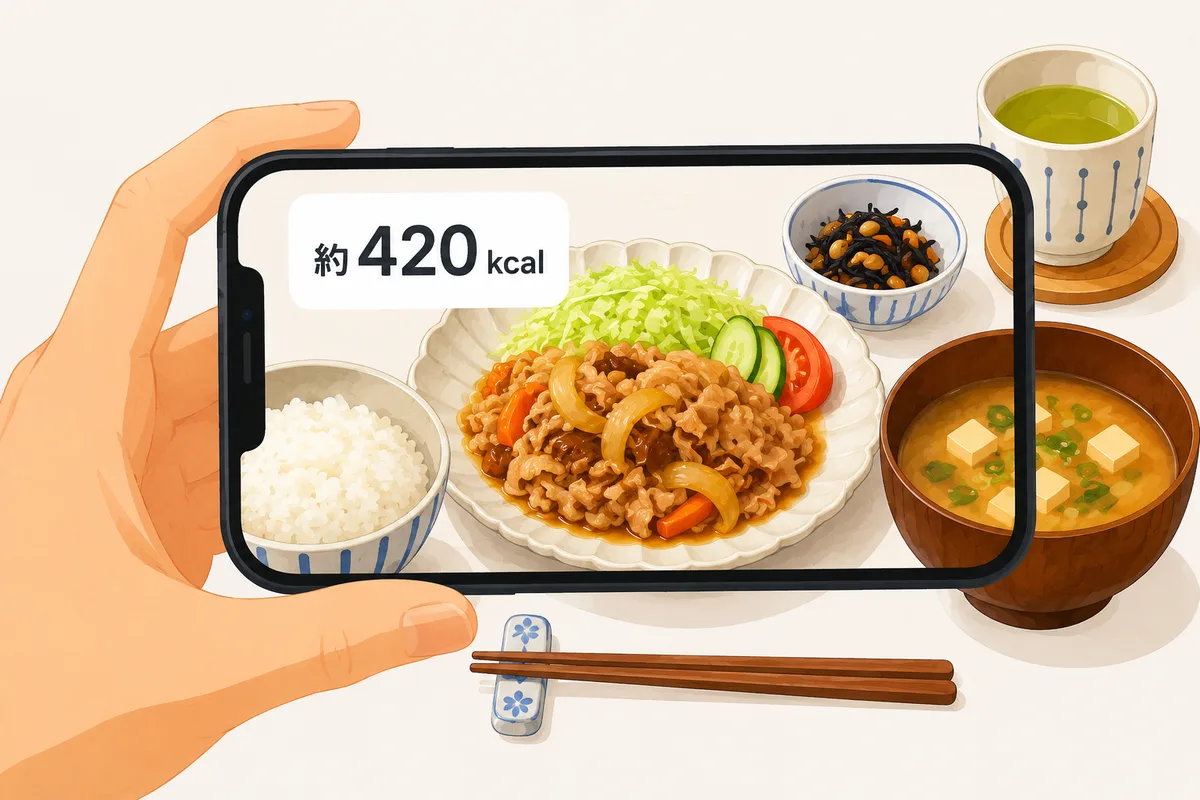 スマートフォンで定食を撮ると、画面に「約420 kcal」と表示されている様子